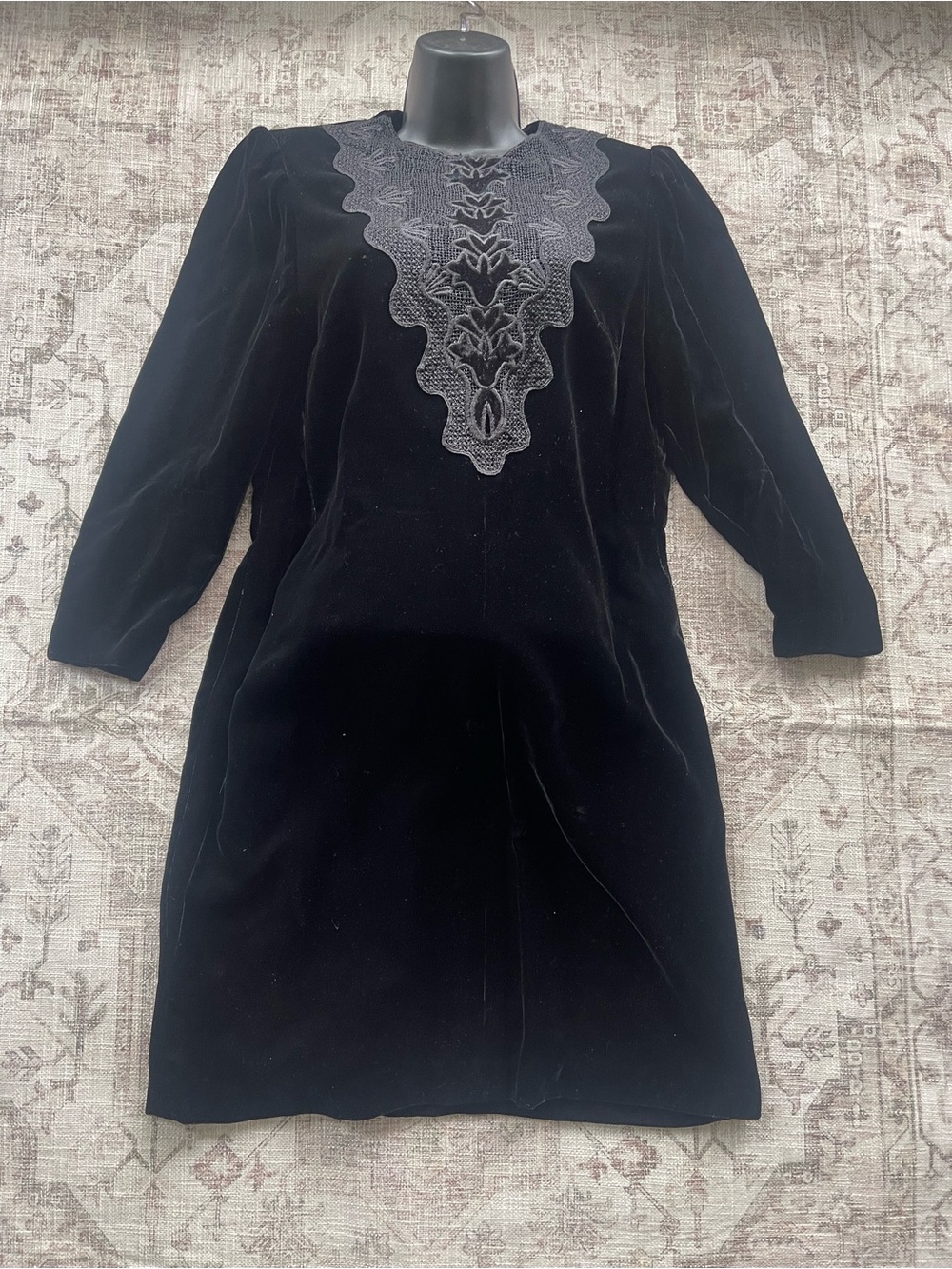 Nina Ricci 60’s 70’s Black Velvet Dress with Decorative Lace Yoke